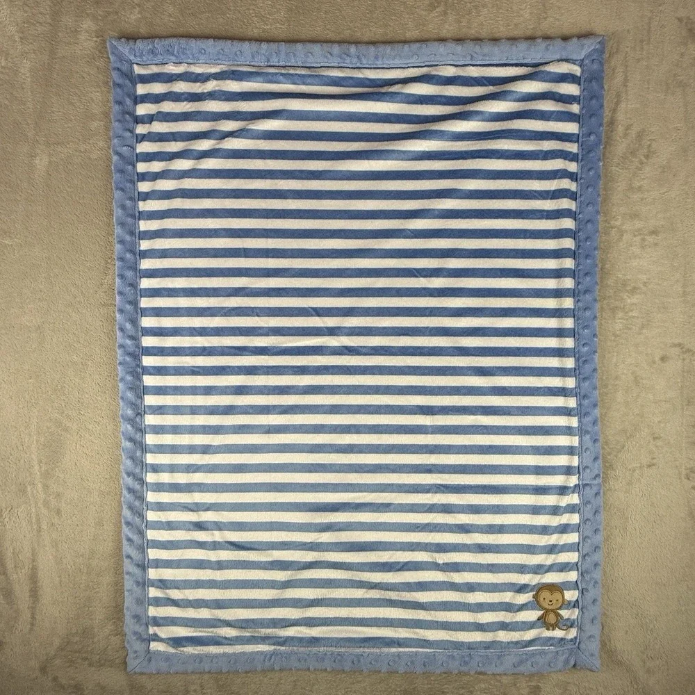 Carters Child of Mine Blue White Stripe Minky Dot Sherpa Baby Blanket Monkey